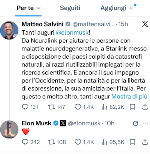 Salvini celebra Elon Musk, il nuovo “paladino” di pace, libertà e diritti… E lui gli risponde con un cuore