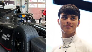 1920x1080 landscape image of Zane Maloney sitting in the Nissan Formula E Team GEN4 car with his blue and yellow helmet on and visible on the left and a portrait image of him wearing a white undershirt on the right.